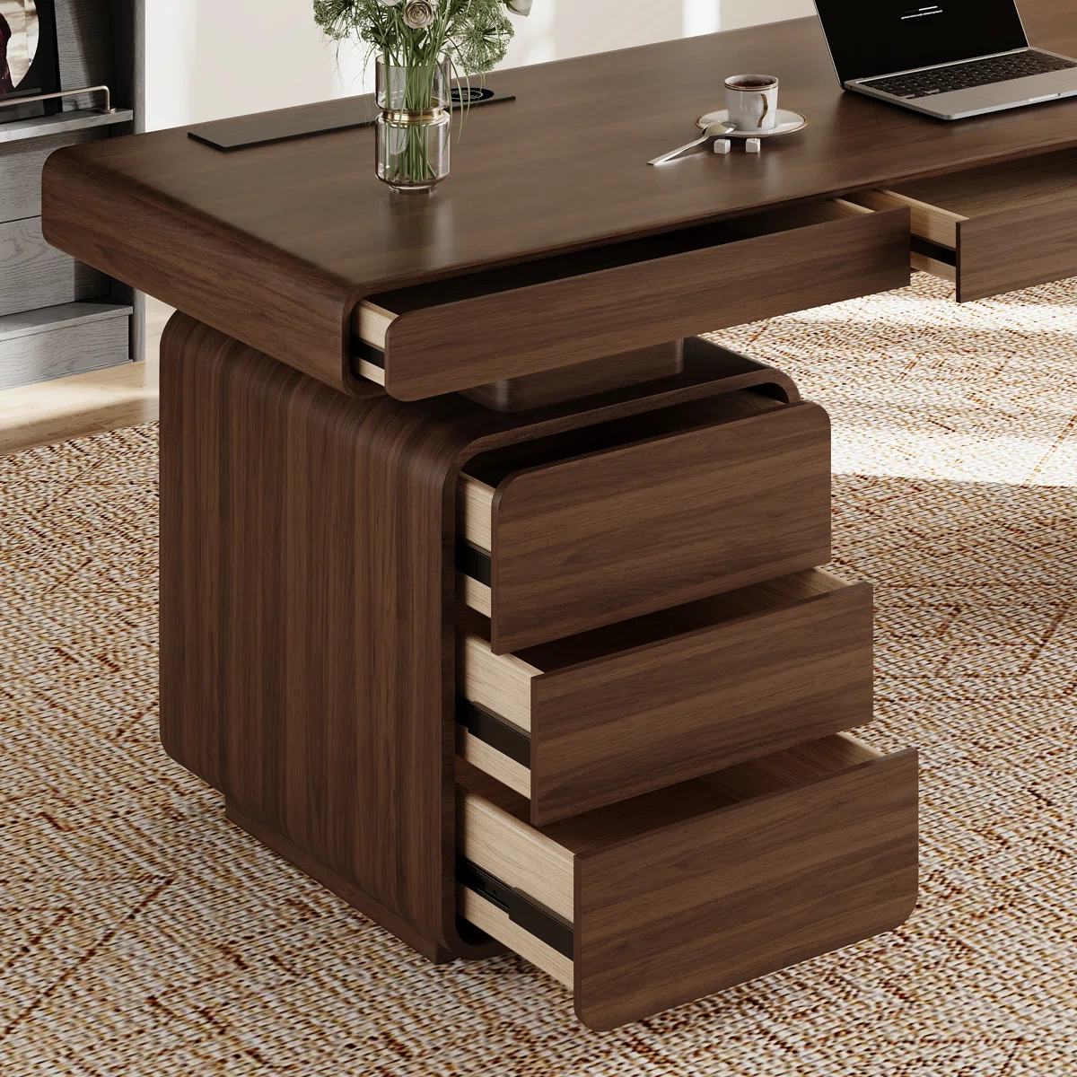 Modern walnut minimalist desk with built-in power outlets and concealed storage, designed for home office productivity