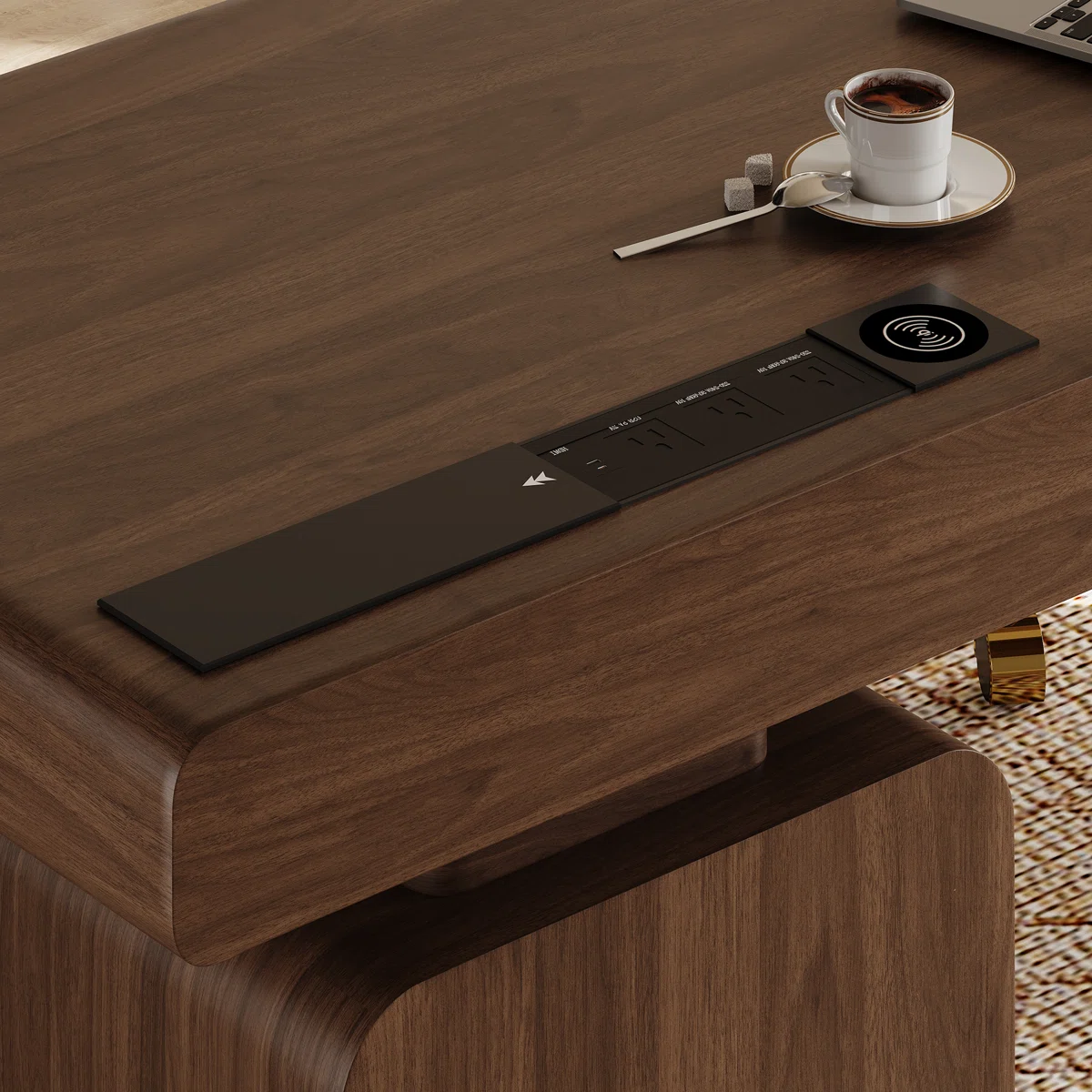 Modern walnut minimalist desk with built-in power outlets and concealed storage, designed for home office productivity