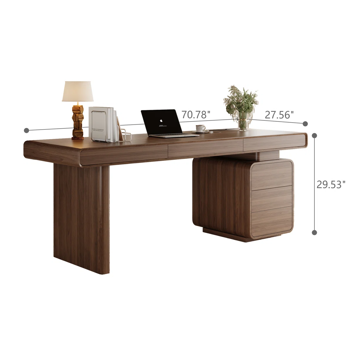 Modern walnut minimalist desk with built-in power outlets and concealed storage, designed for home office productivity