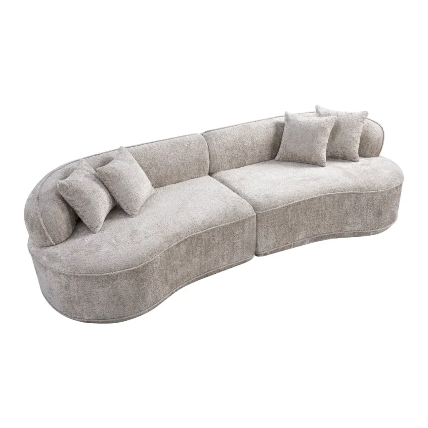 Lunara Curved Chenille 4-Seater Sofa in cream boucle-style chenille fabric with a sculptural curved design, deep seating, and matching accent pillows in a modern living room.
